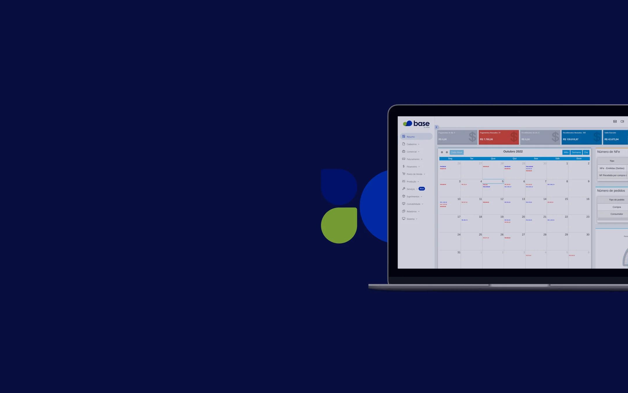 Computador mostra a tela de resumo do Base by Asaas, composta pelo calendário de pagamentos do mês, detalhamento de pagamentos recebidos e atrasados, notas fiscais e pedidos.