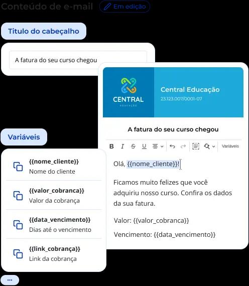 Recortes da área de personalização de notificações por e-mail. Nela, o usuário pode customizar o conteúdo do e-mail, definindo título e corpo do e-mail.