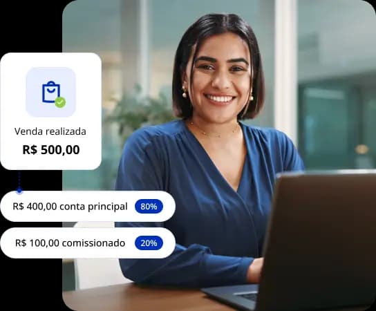 Empreendedora utilizando um notebook em uma mesa de escritório. Ao lado, uma ilustração explicativa sobre o split de pagamentos, onde o valor de uma venda é distribuída entre a conta principal e um comissionado.