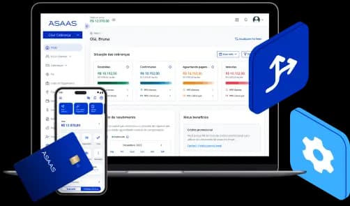 Imagem de um notebook e celular logados no Asaas, ícones de split de pagamento e engrenagem de configurações.