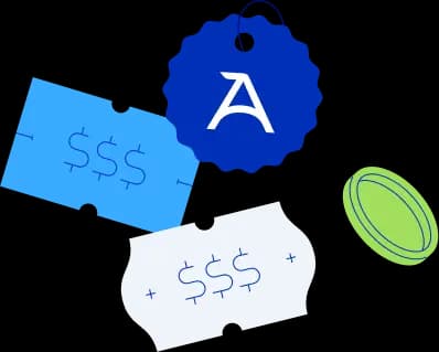 Ilustração com o logo do Asaas, algumas etiquetas de preço e moeda.