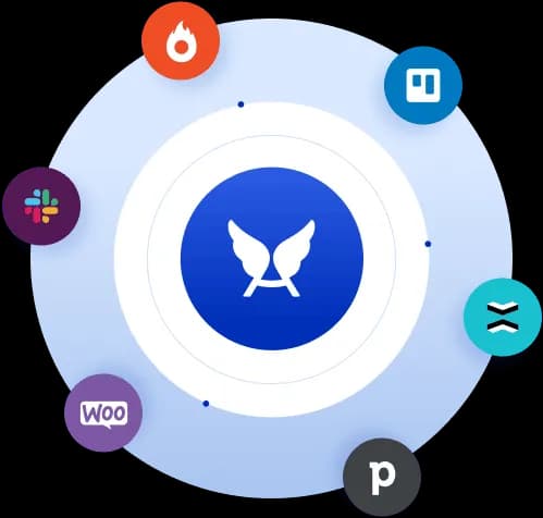 Um círculo azul com o logotipo do Asaas rodeado por outros círculos com logotipos de empresas com as quais o Asaas possibilita a integração por meio da API.