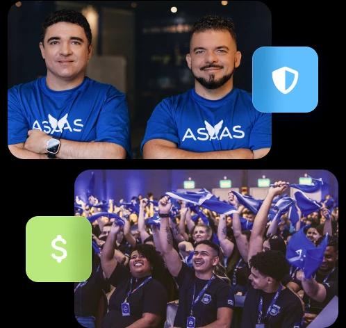 Composição com duas fotos. Em uma delas os fundadores do Asaas aparecem sorrindo e vestindo a camiseta azul com o logotipo do Asaas. Na outra, colaboradores estão sentados em um salão e estão sorrindo enquanto balançam bandeiras do Asaas.