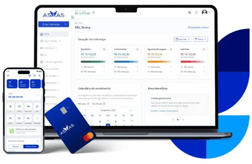 Celular e notebook exibindo a interface do Asaas, também há na cena um cartão Asaas.