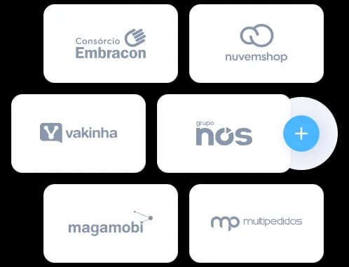 Logotipo de alguns dos clientes do Asaas: Consórcio Embracon, Nuvemshop, Vakinha, Grupo Nós, Magamobi e multipedidos.
