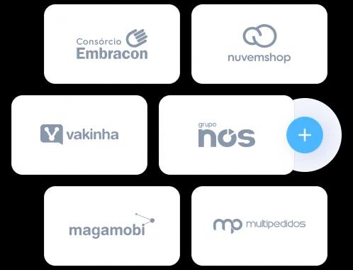 Logotipo de alguns dos clientes do Asaas: Consórcio Embracon, Nuvemshop, Vakinha, Grupo Nós, Magamobi e multipedidos.