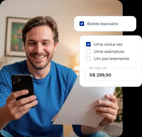 Homem olhando para a tela do celular em sua mão direita enquanto a mão esquerda segura um boleto. Ao lado, recortes da área de criação de boletos da interface do Asaas.