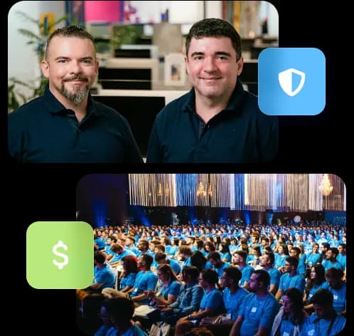 Composição com duas fotos. Em uma delas os fundadores do Asaas aparecem sorrindo para a câmera. Na outra, colaboradores reunidos em um salão.