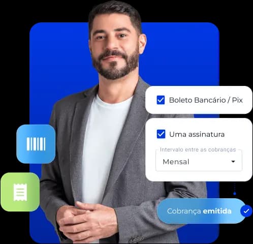 Evaristo Costa vestindo um terno e sorrindo. Ao seu lado, ícones de boleto e nota fiscal e recortes da interface do Asaas onde é possível escolher a forma que seu cliente irá pagar a cobrança e notificação de cobrança emitida.