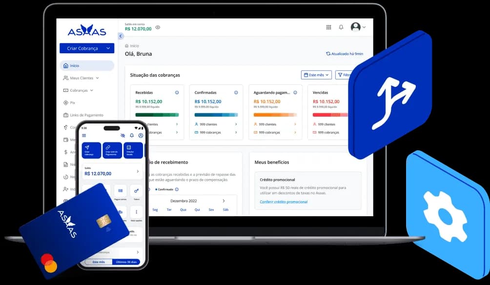 Imagem de um notebook e celular logados no Asaas, ícones de split de pagamento e engrenagem de configurações.