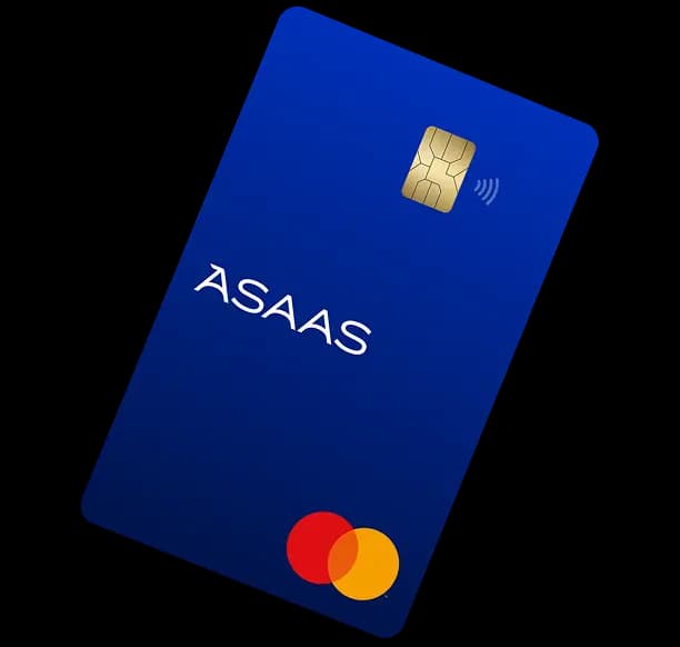 Cartão Asaas é um cartão azul escuro com o logotipo do Asaas e bandeira Mastercard