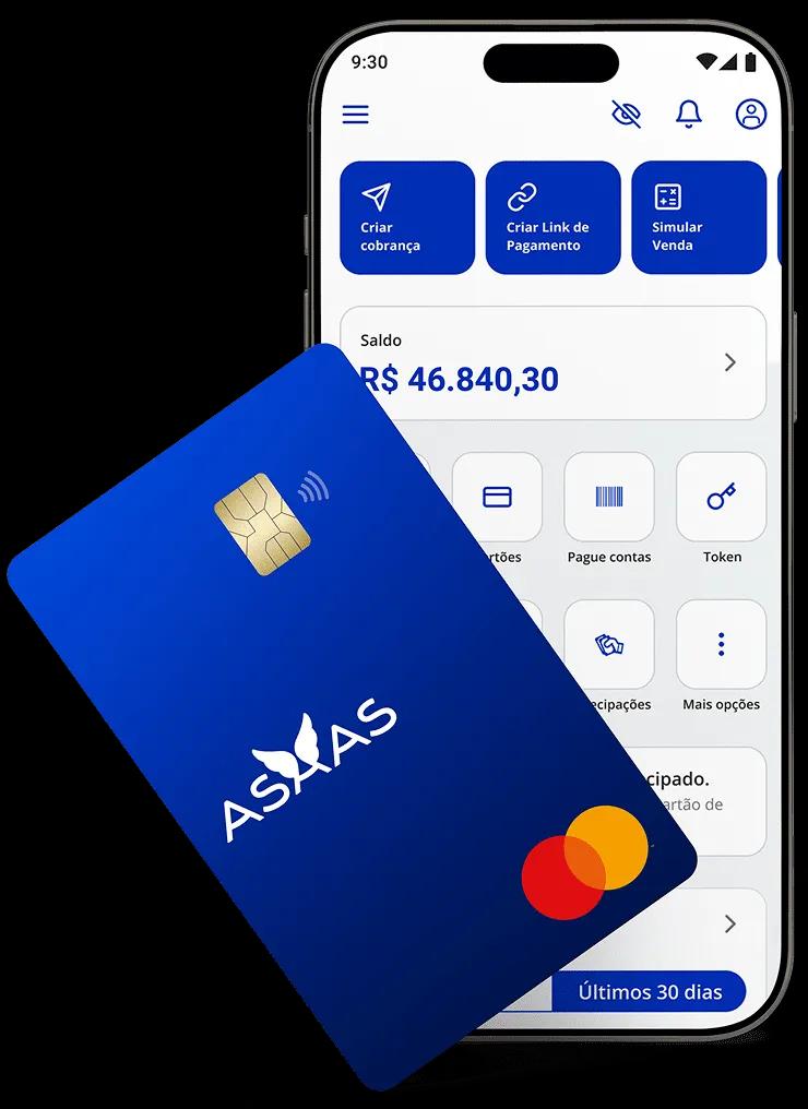 Celular mostra a tela inicial do Asaas, composta por um painel de indicadores. À esquerda, próximo ao celular, está o Cartão Asaas, na cor azul escuro.